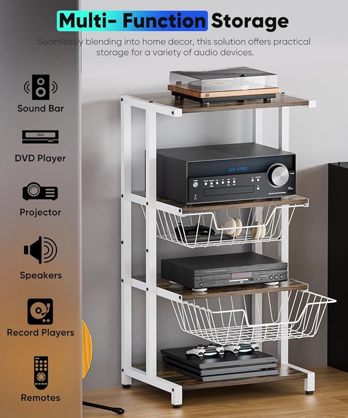Ardier Media Stand with Two Detachable Baskets, 4-Tier AV Media Stand Corner
