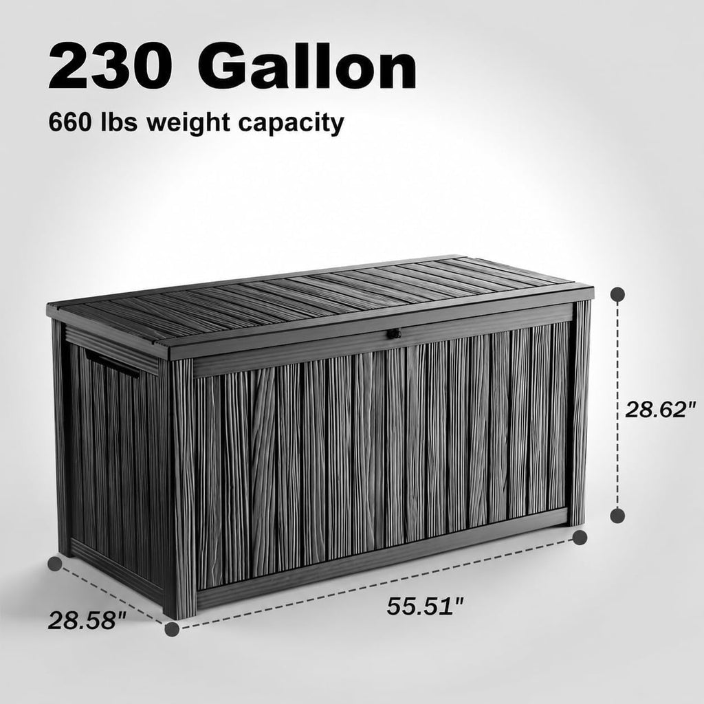 230 gallon outdoor deck box, resin waterproof storage shown in use