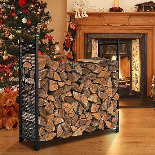 Goplus Firewood Rack Outdoor, 4 FT Metal Firewood Holder with Mesh Sides & Base, Decorative Deer Patterns, Indoor Log Storage Rack, Wood Rack for Fireplace, Fire Pit, Woodstove (48" x 15" x 46")