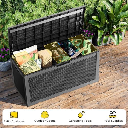 PatioZen 150 Gallon Resin Deck Box, Lockable Patio Outdoor Storage Box for Furniture, Garden Tools and Tools Storage, Waterproof Outside Storage Boxes - Black