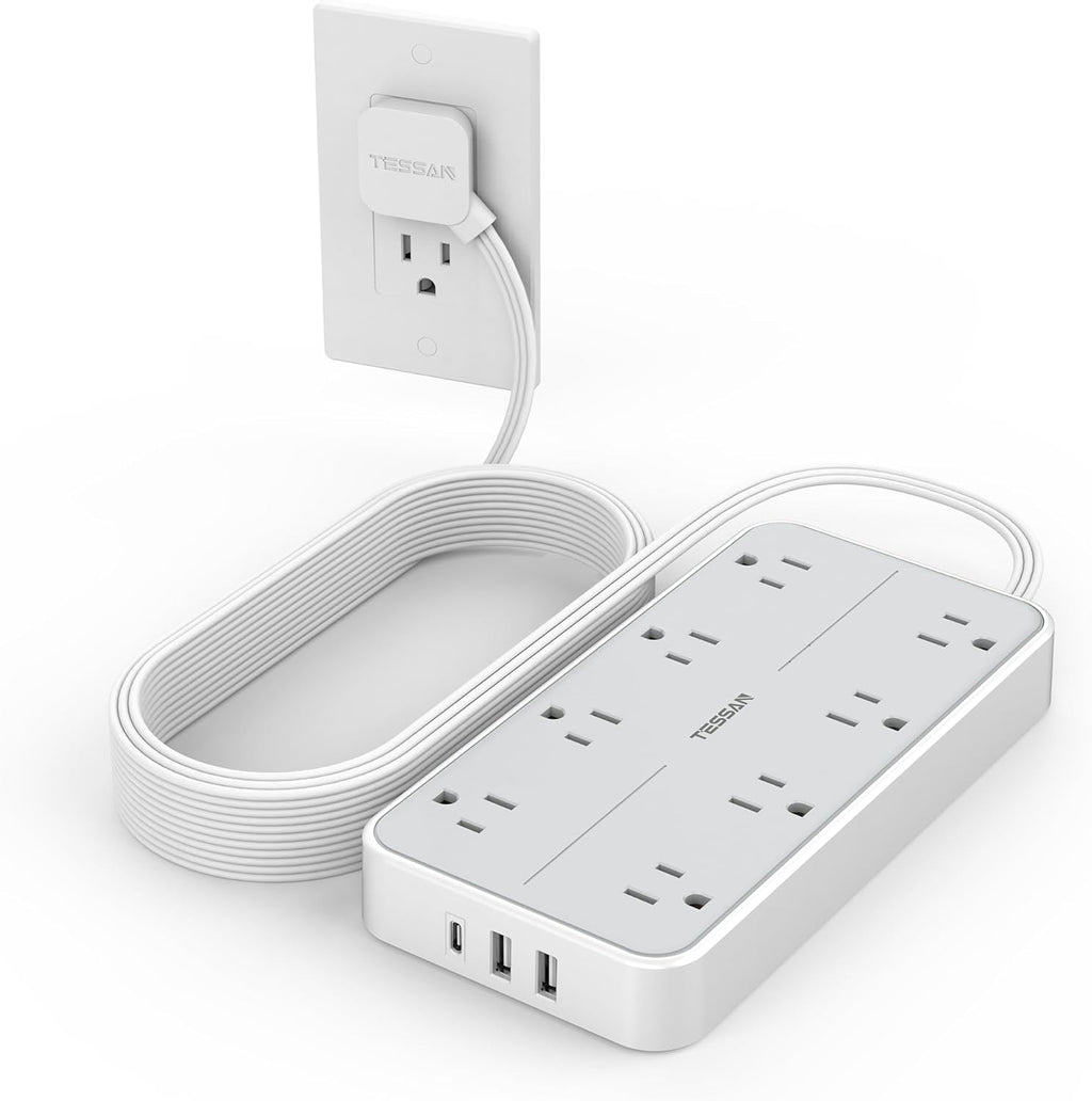 Flat Plug 15 FT Extension Cord, TESSAN Surge Protector Power Strip