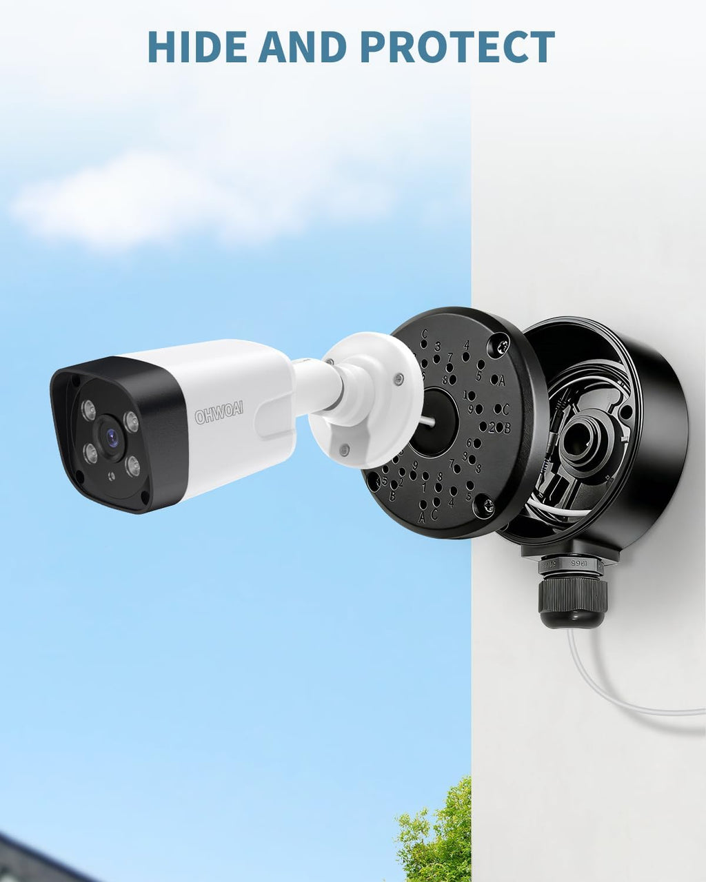 metal security camera junction box, cable concealment box, close-up detail
