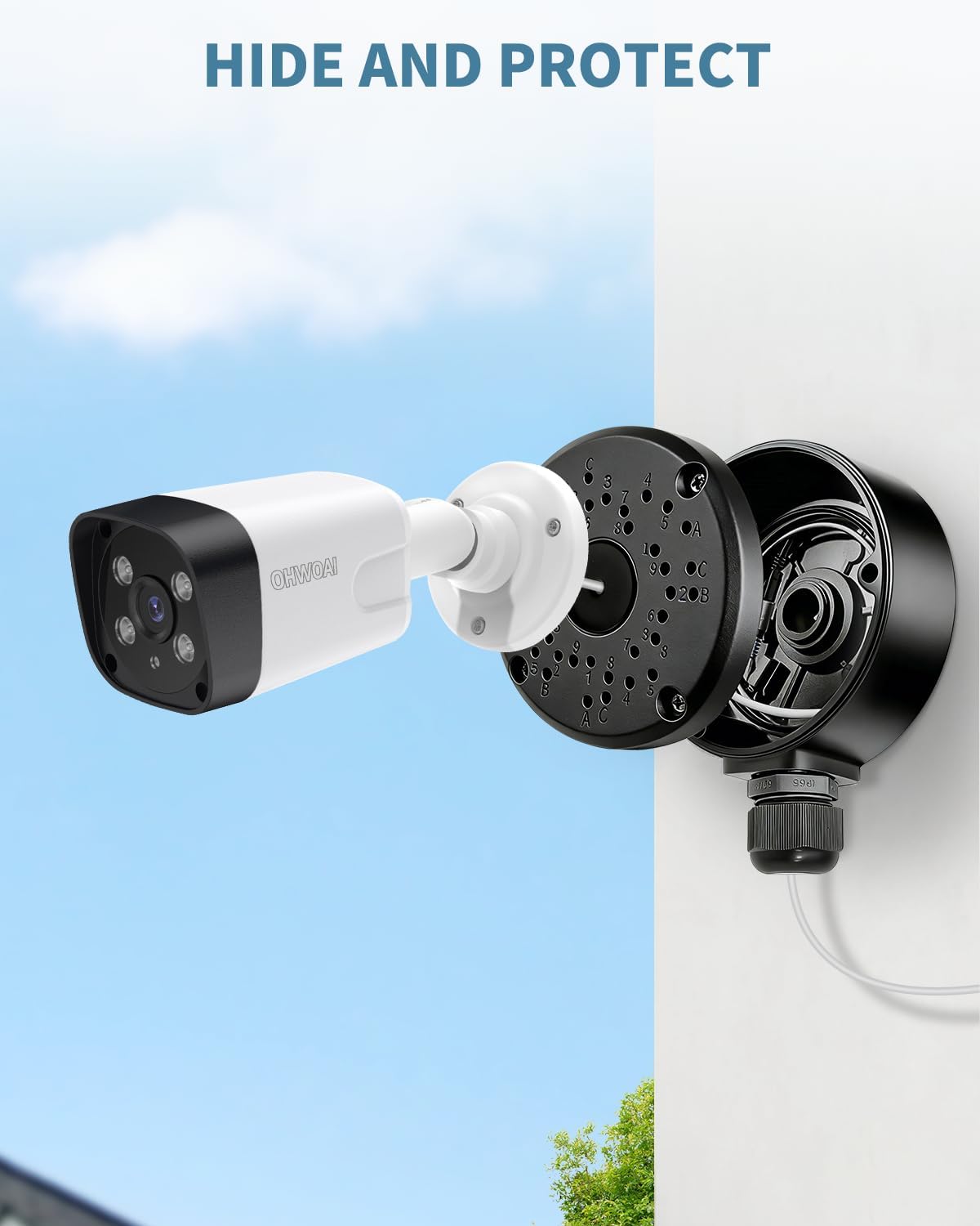 metal security camera junction box, cable concealment box, close-up detail