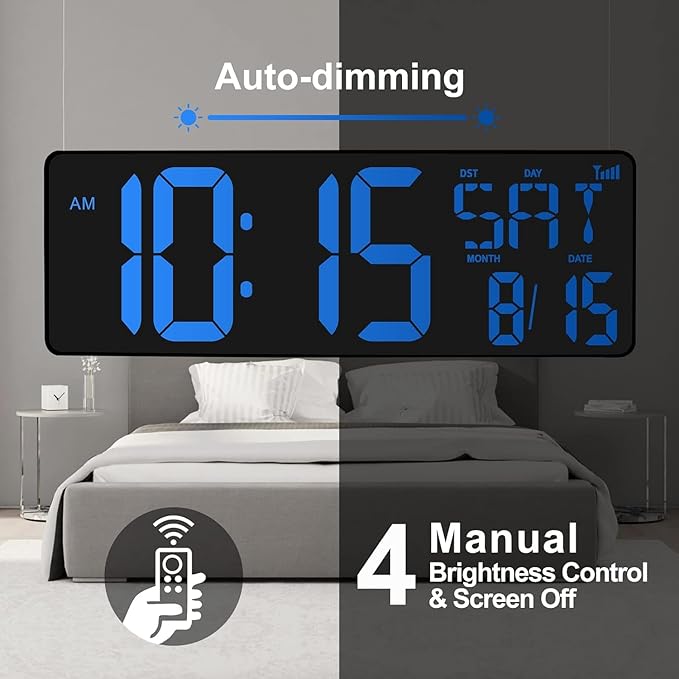 XREXS Large Digital Wall Clock WiFi Sync, 16.5 in Large Display Wall Clock