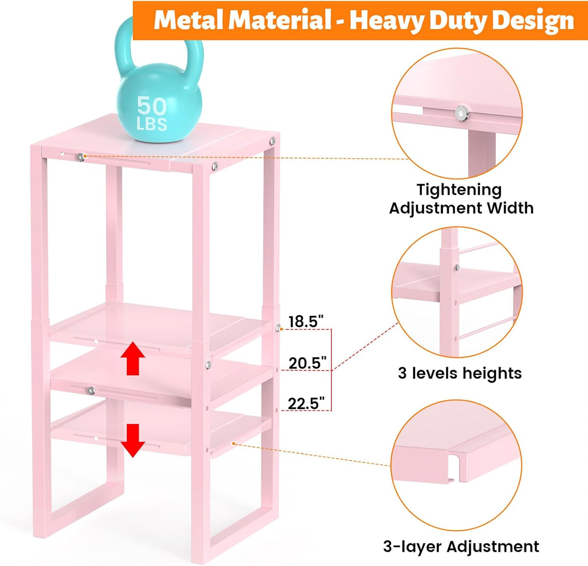 lidtop locker organizer shelf pink, metal adjustable width showing dimensions
