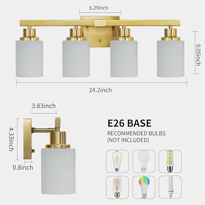 DIKAIDA 4-Light Gold Vanity Light, Modern Gold Bathroom Light Fixtures Over