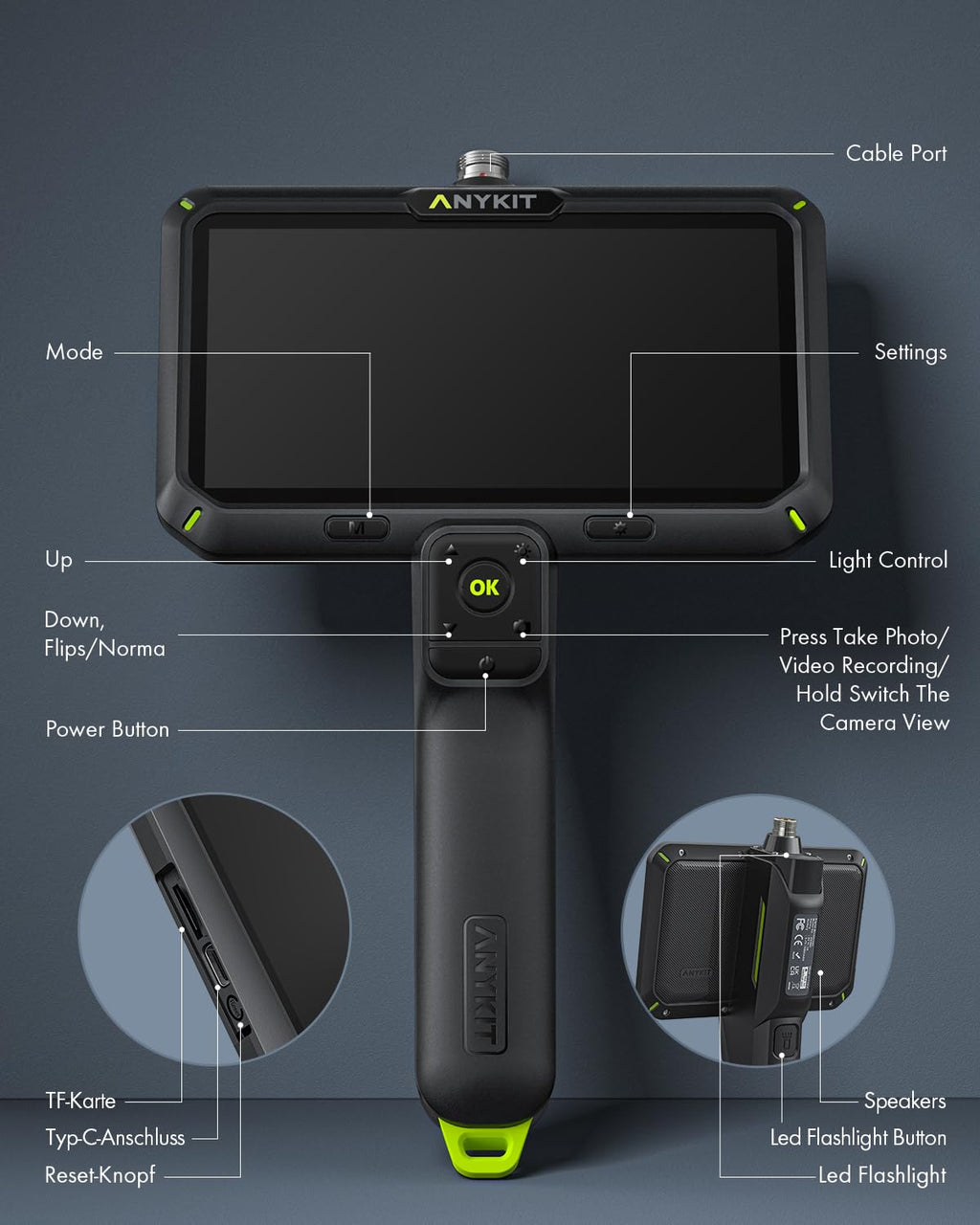 Anykit Endoscope Camera with Light, Dual Lens Endoscope 1080P