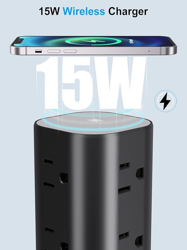 Power Strip with Wireless Charger, Flat Plug Surge Protector with 6FT Extension