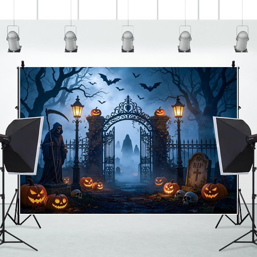 Halloween Graveyard Backdrop Misty Cemetery Skull Pumpkin Lantern Haunted Hou...