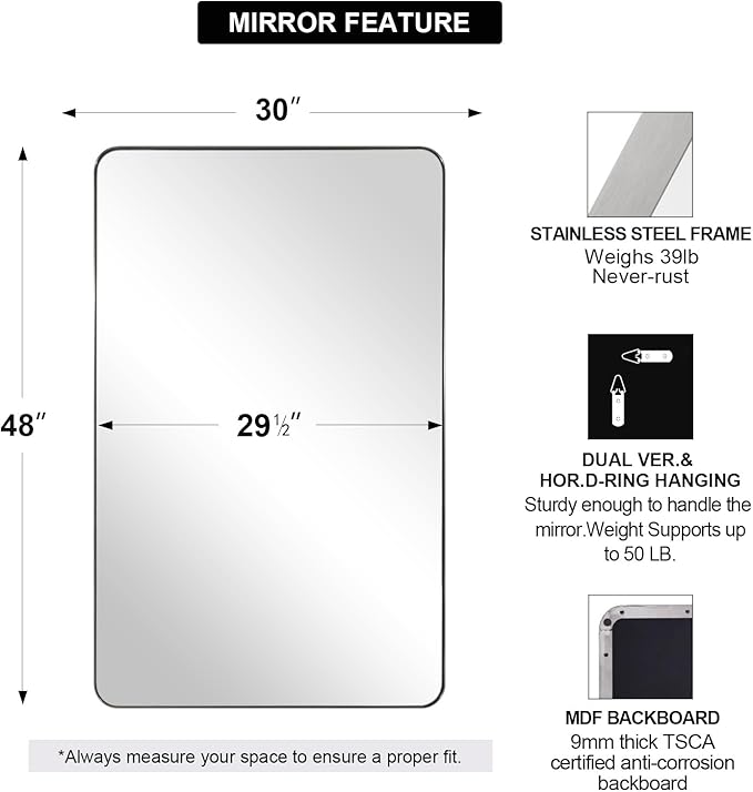 ANDY STAR 30"x48" Brushed Nickel Bathroom Mirror, Large Wall Mirror