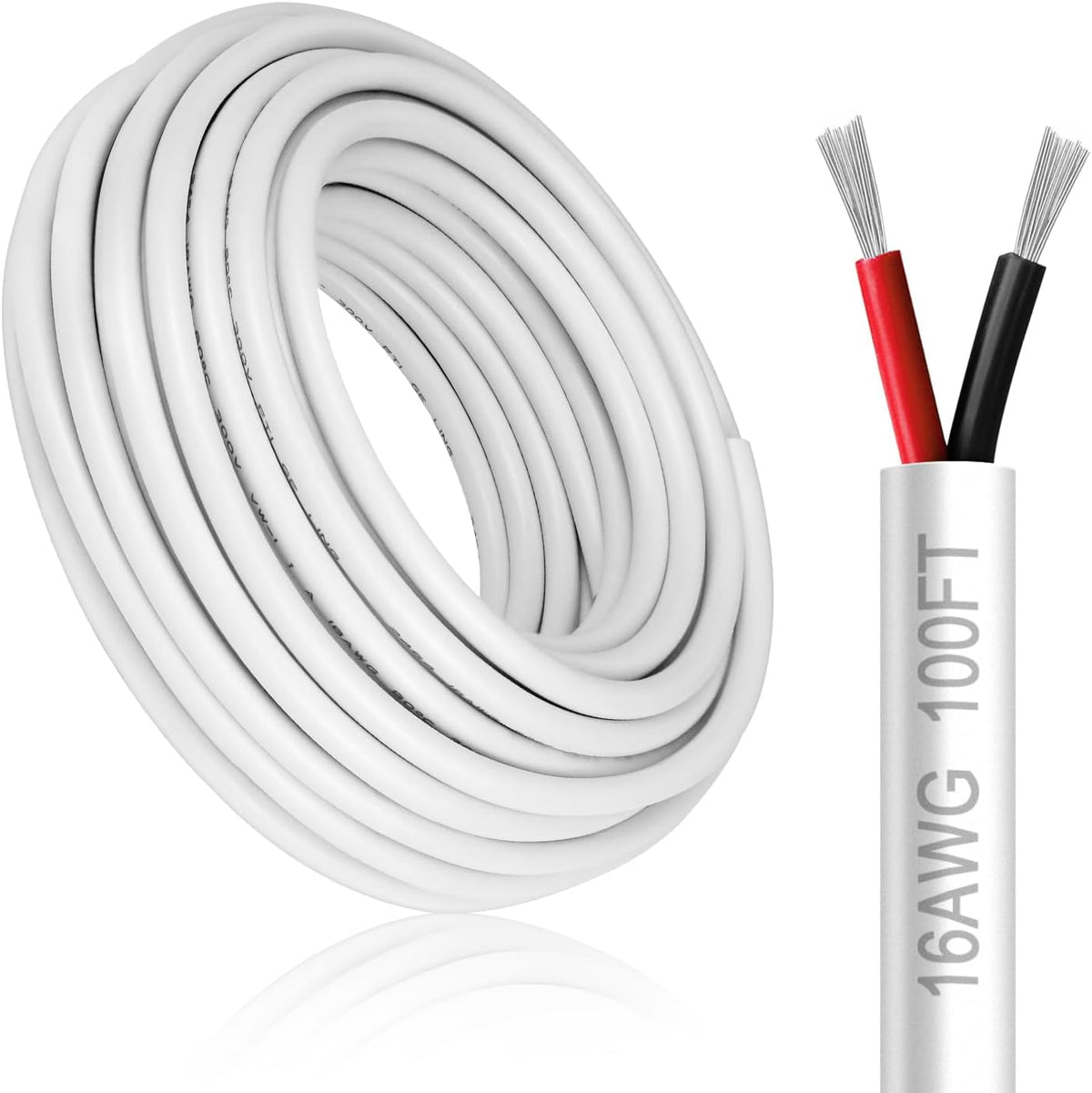 16 Gauge 2 Conductor Electrical Wire, 100FT White Stranded Low Voltage 16/2 PVC