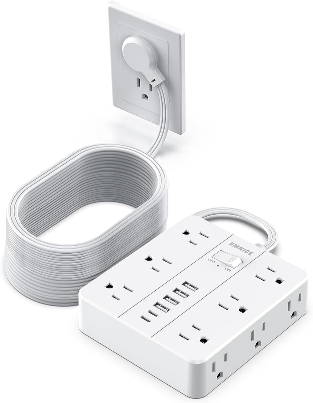 Power Strip Surge Protector 23ft Extension Cord, SMNICE Flat Plug