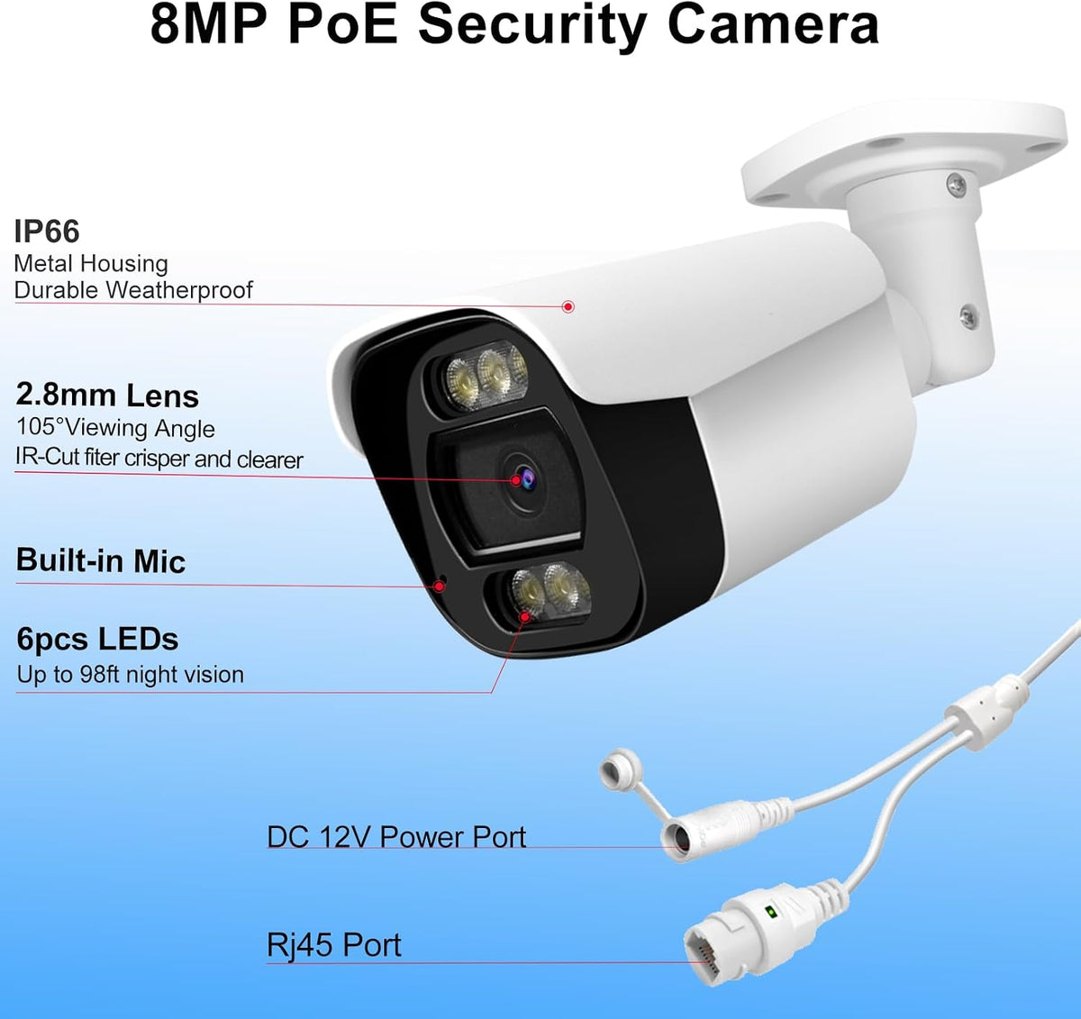 4k 8mp bullet ip security camera with mic, side view