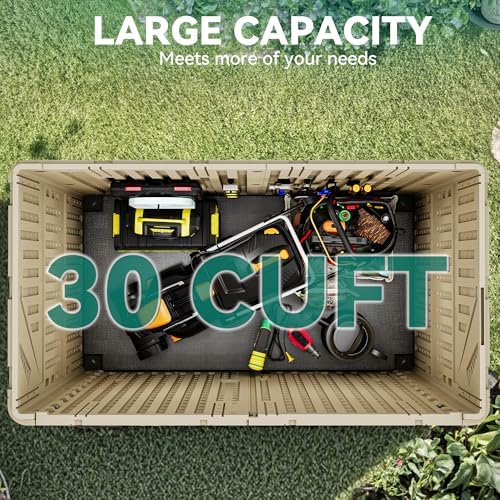 YITAHOME Outdoor Storage Shed w/o Shelf, 30 cu ft Horizontal Storage Shed Outdoor, Resin Waterproof Storage Cabinet for Garage, Poolside, Bikes, and Garden (Khaki + Black)