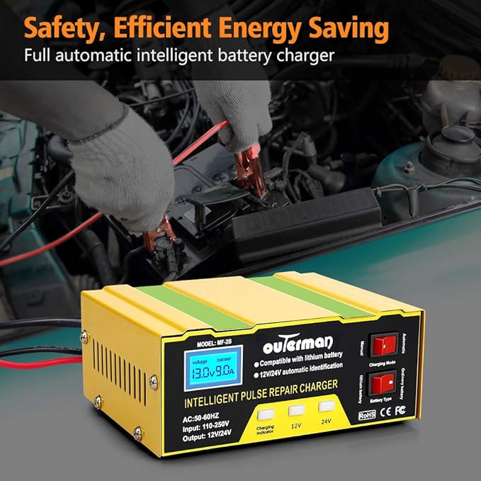 Outerman Car Battery Charger 12V 24V Lithium Battery Charger, Auto Battery