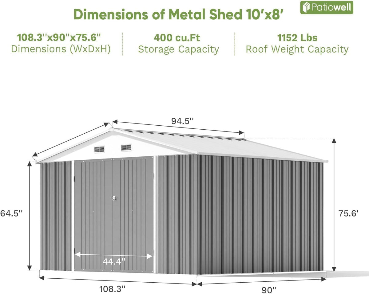 patiowell 10x8 ft outdoor storage shed, metal sheds shown in use