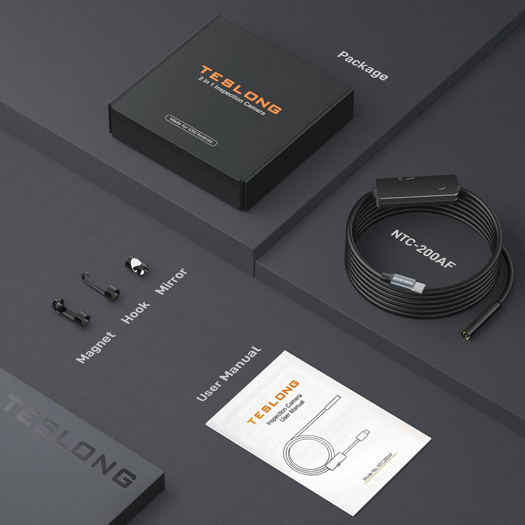 teslong 2.0mp usb-c auto focus borescope for plumbing on a desk or shelf