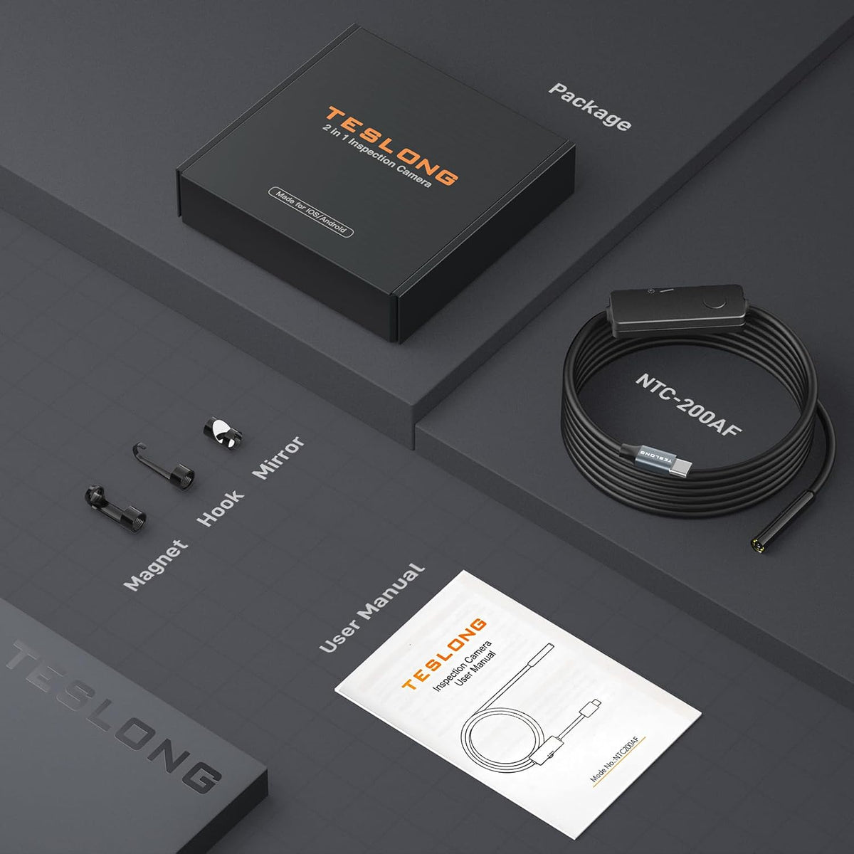 teslong 2.0mp usb-c auto focus borescope for plumbing on a desk or shelf