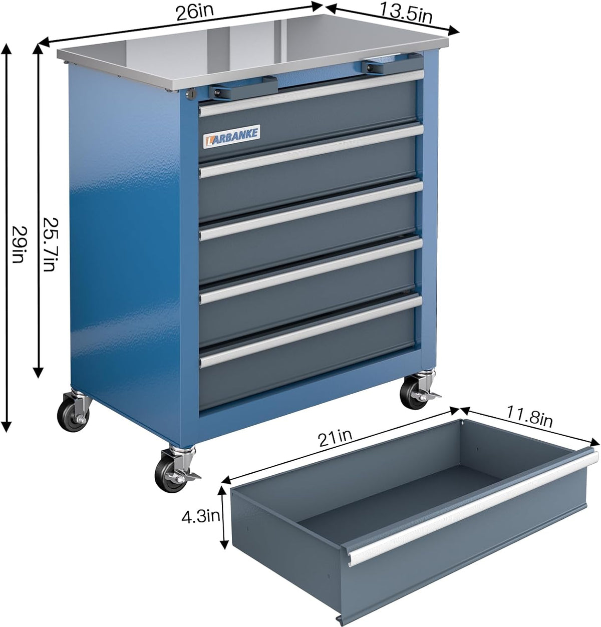larbanke 5-drawer rolling tool chest with stainless countertop,tool, close-up detail