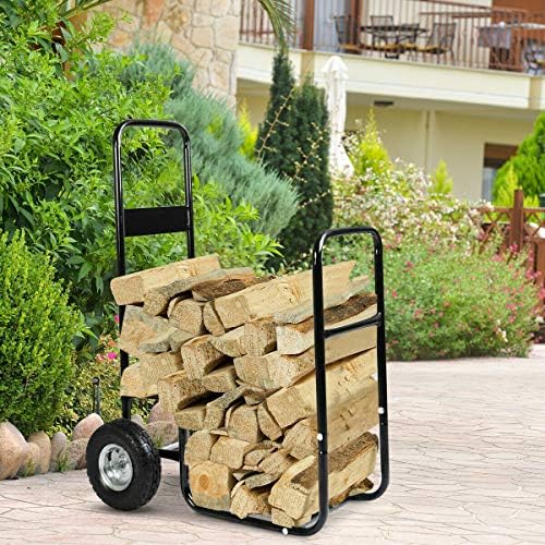 Goplus Firewood Log Rack Indoor Outdoor Fireplace Storage Holder Logs Heavy Duty Steel Wood Stacking Holder Kindling Wood Stove Accessories Tools Accessories (w/ 2 Wheels)
