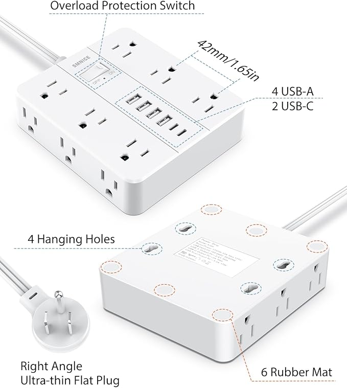 Power Strip Surge Protector 23ft Extension Cord, SMNICE Flat Plug