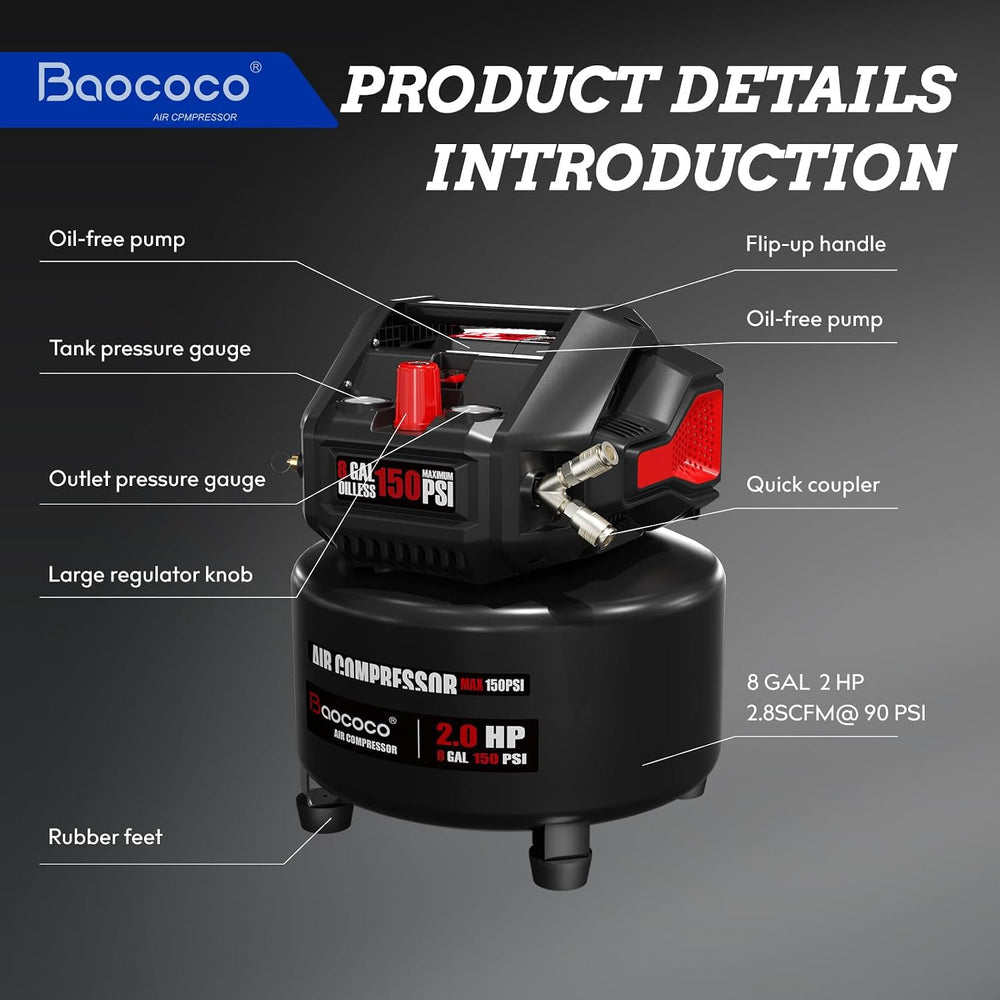 8 Gallon Portable Air compressor, 2HP Motor Oil Free Air Compressor Tank