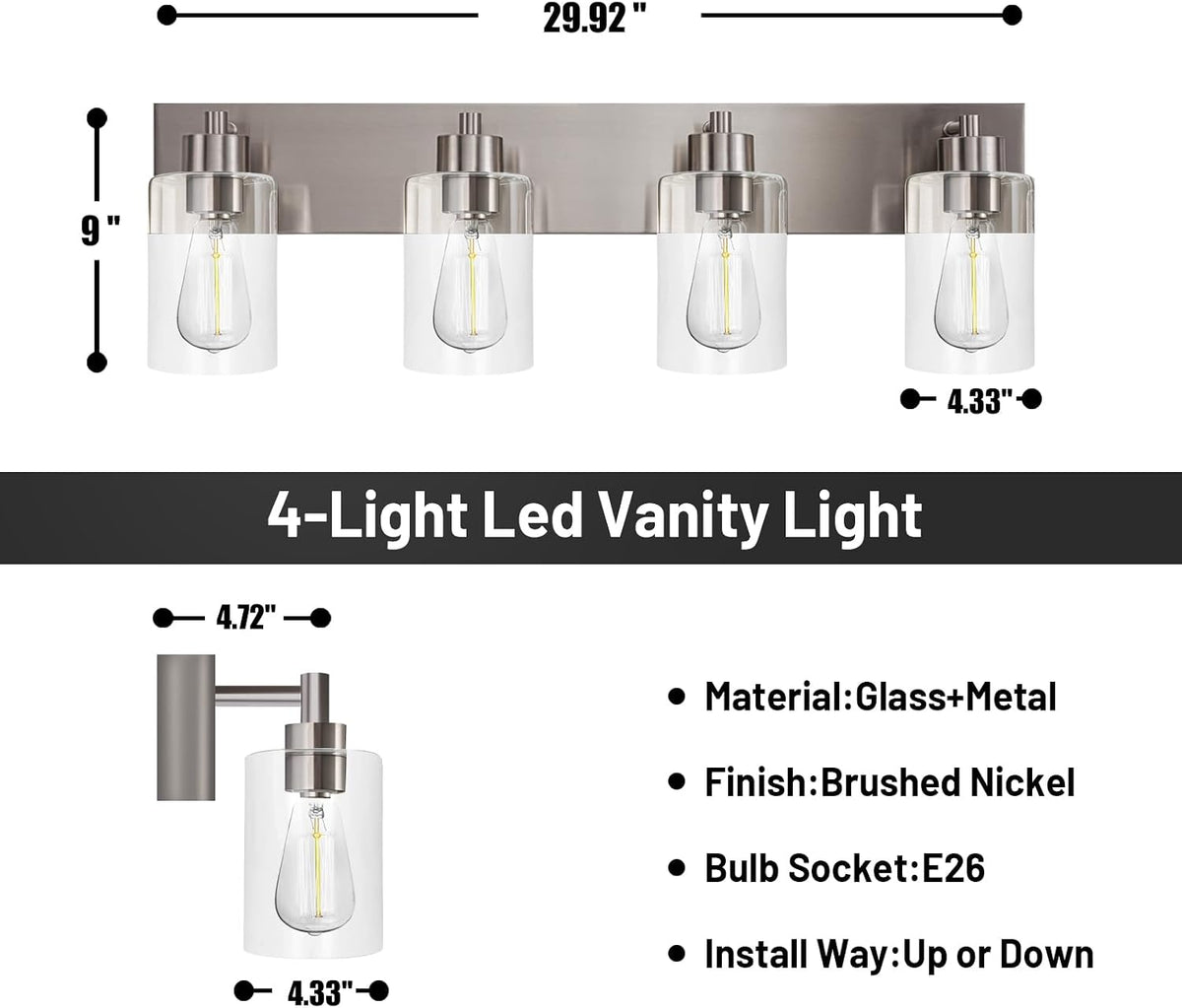4-Light Brushed Nickel Bathroom Vanity Lights, Clear Glass | Brushed Nickel Metal Frame,Up/Down Wall Mount,cylinder Glass Shade,Kitchen Hallway Bedroom Indoor Use,Easy Install,E26 Base