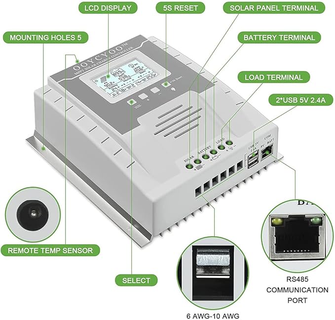 OOYCYOO MPPT Charge Controller 60 amp 12V/24V Auto, 60A Solar Panel Charge