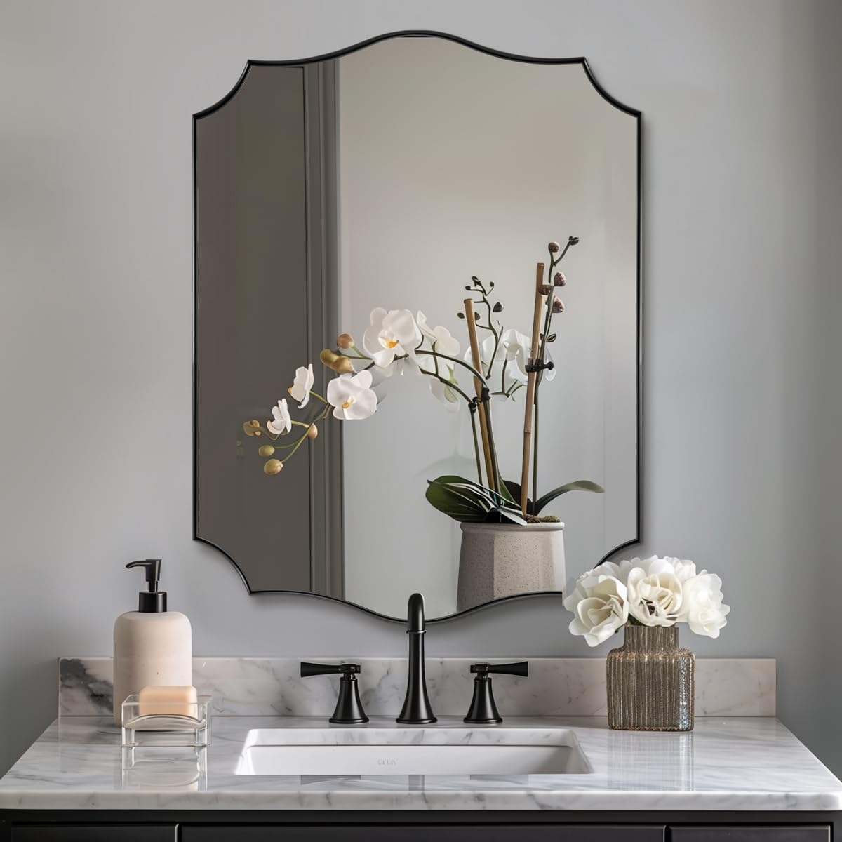 ANDY STAR Matte Black Bathroom Mirror, 24x32 Inch Scalloped Mirror