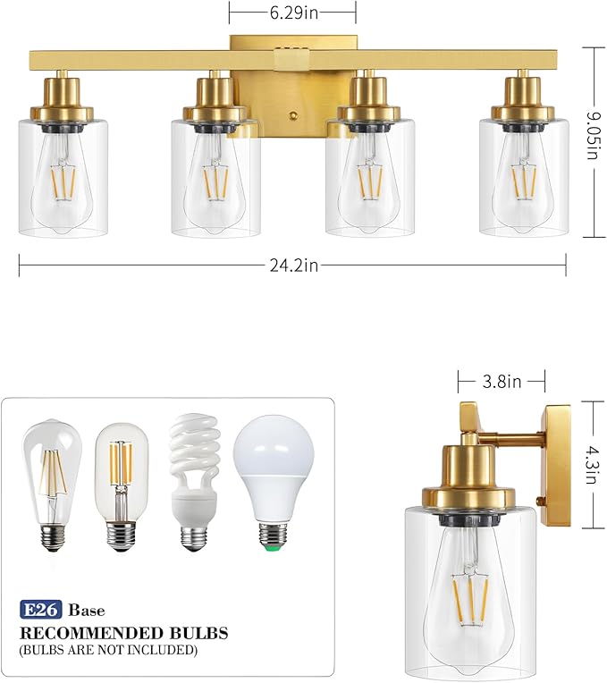 DIKAIDA Bathroom Vanity Light, 4-Light Modern Matte Gold Wall Sconce Lighting