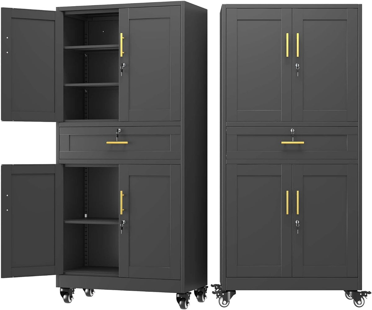 pozdeg 74" Black Lockable Rolling Metal Garage Storage Cabinet