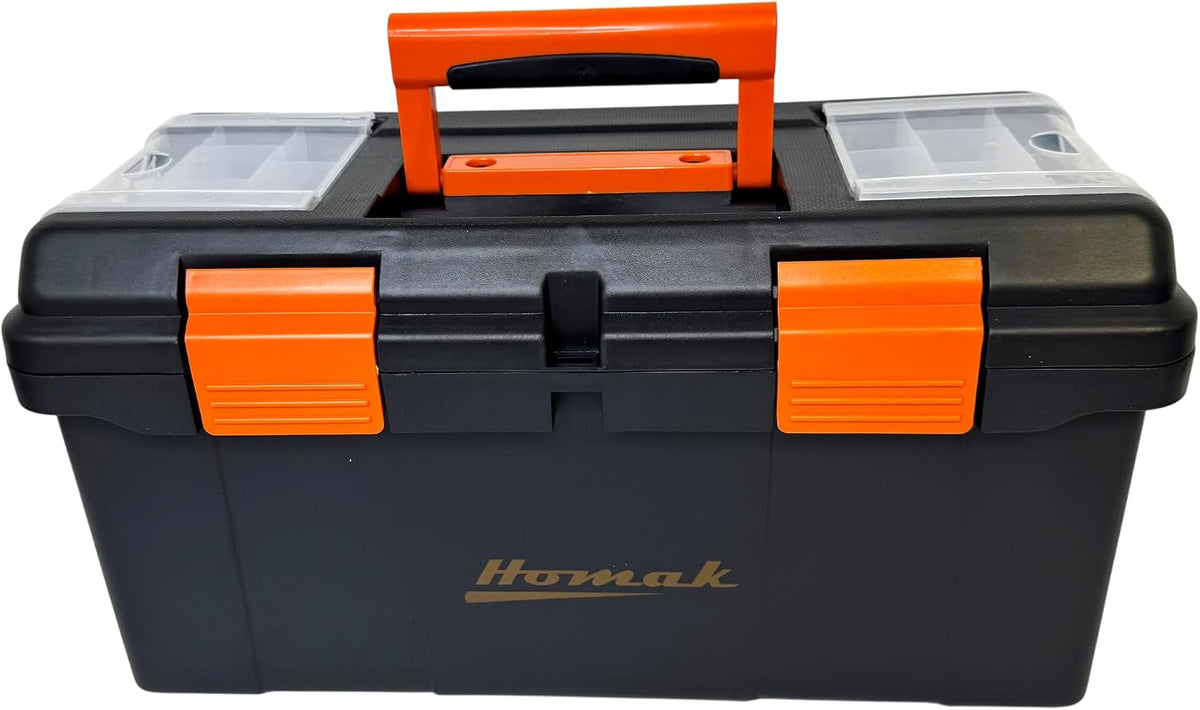 Homak Plastic Tool Box with Tray and Dividers, Black, 19.25 Inches
