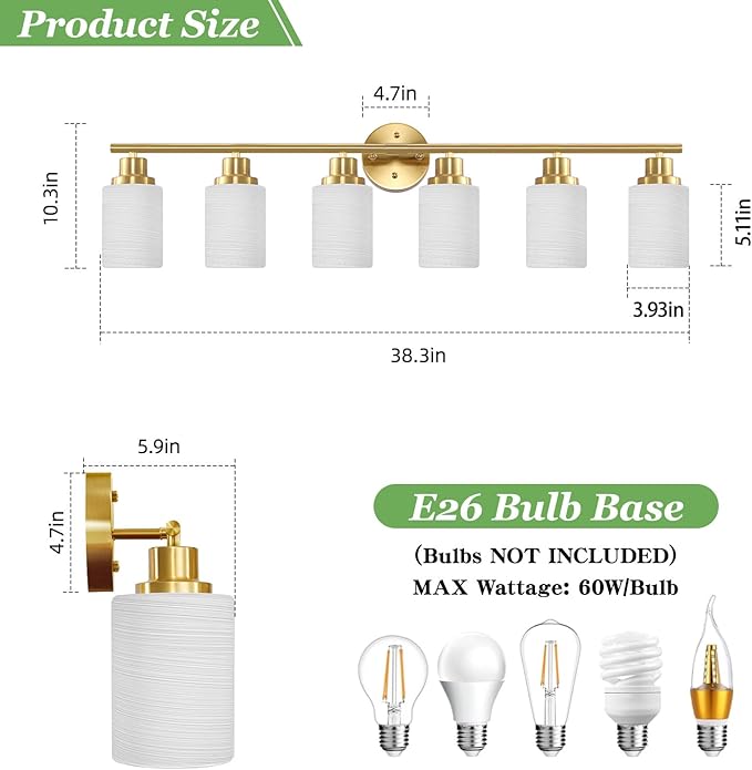 Guliaofo 6-Light Vanity Lights, Brushed Gold Bathroom Light Fixture