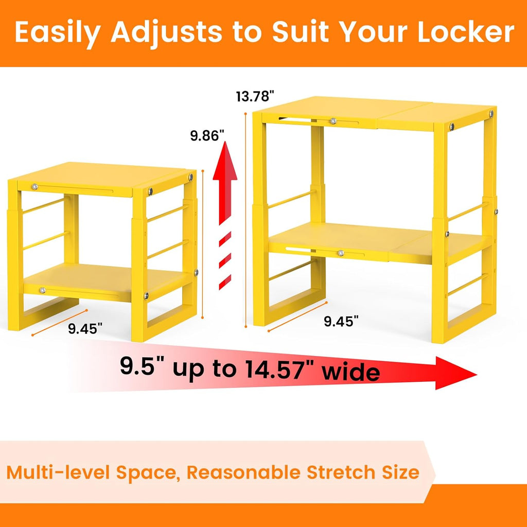 lidtop locker organizer shelf yellow, metal adjustable width shown in use