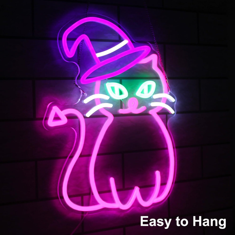 Pink Cat with Witch Hat Neon Sign Halloween LED Light for Room Party Decor