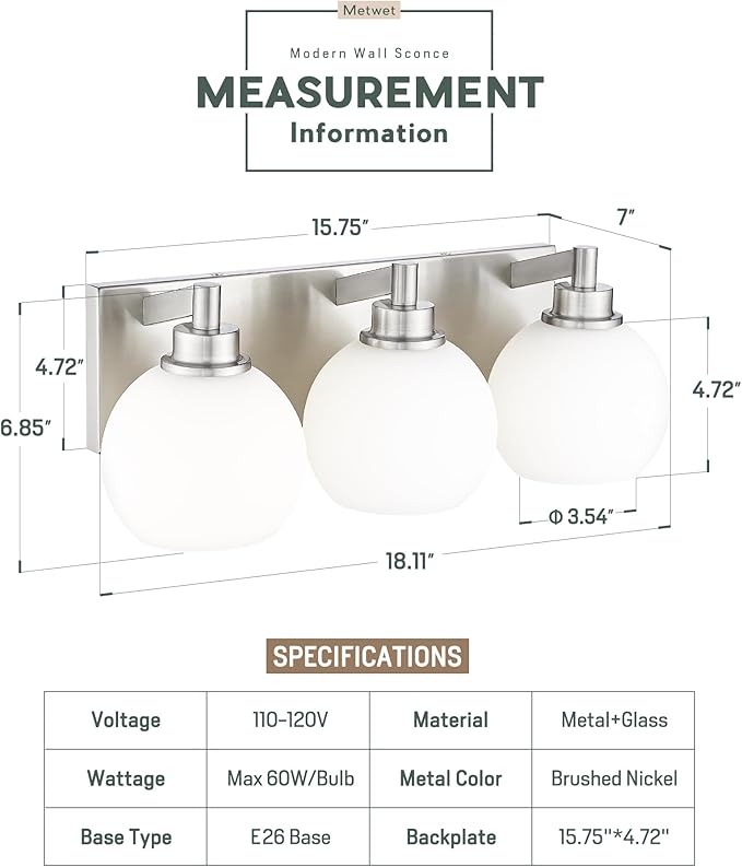 METWET Bathroom Light Fixtures, 3-Light Brushed Nickel Vanity Light, Modern