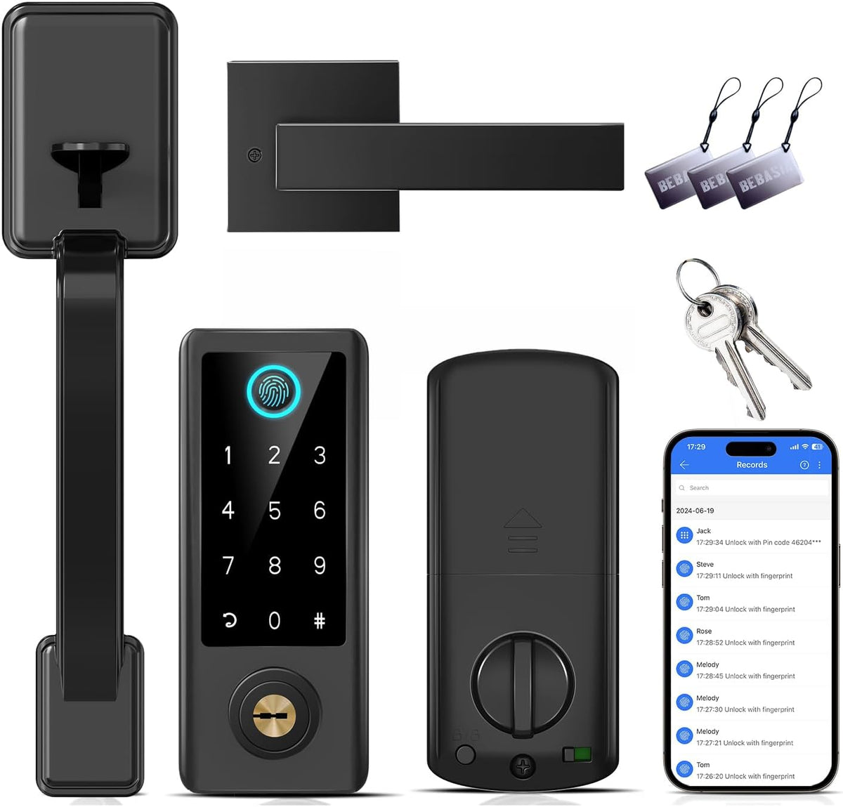 BEBASIA Fingerprint Door Lock for Front Door with Handle Set, App Control