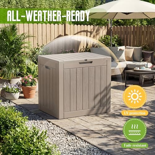 DRATO 35 Gallon Outdoor Storage Box Waterproof Lockable Small Deck Box Grey