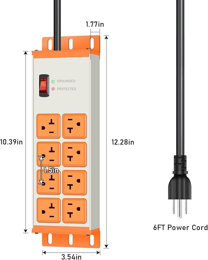 JUNNUJ Heavy Duty 20 Amp Surge Protector 4800J, Garage Metal 8 Outlets 12 Gauge