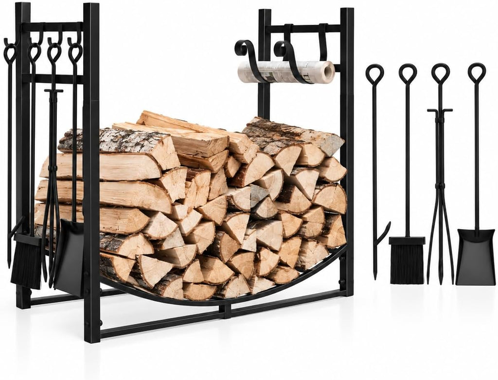 Tangkula 36'' Firewood Log Rack with 4 Tools Set for Indoor & Outdoor