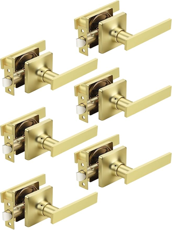 Mengico 6 Pack Passage Door Levers Gold Finish, No-Locking Keyless Square Door