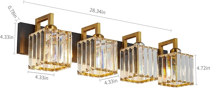 FDPBY Modern Bathroom Vanity Light 4-Lights Black Gold Crystal Wall Lamp