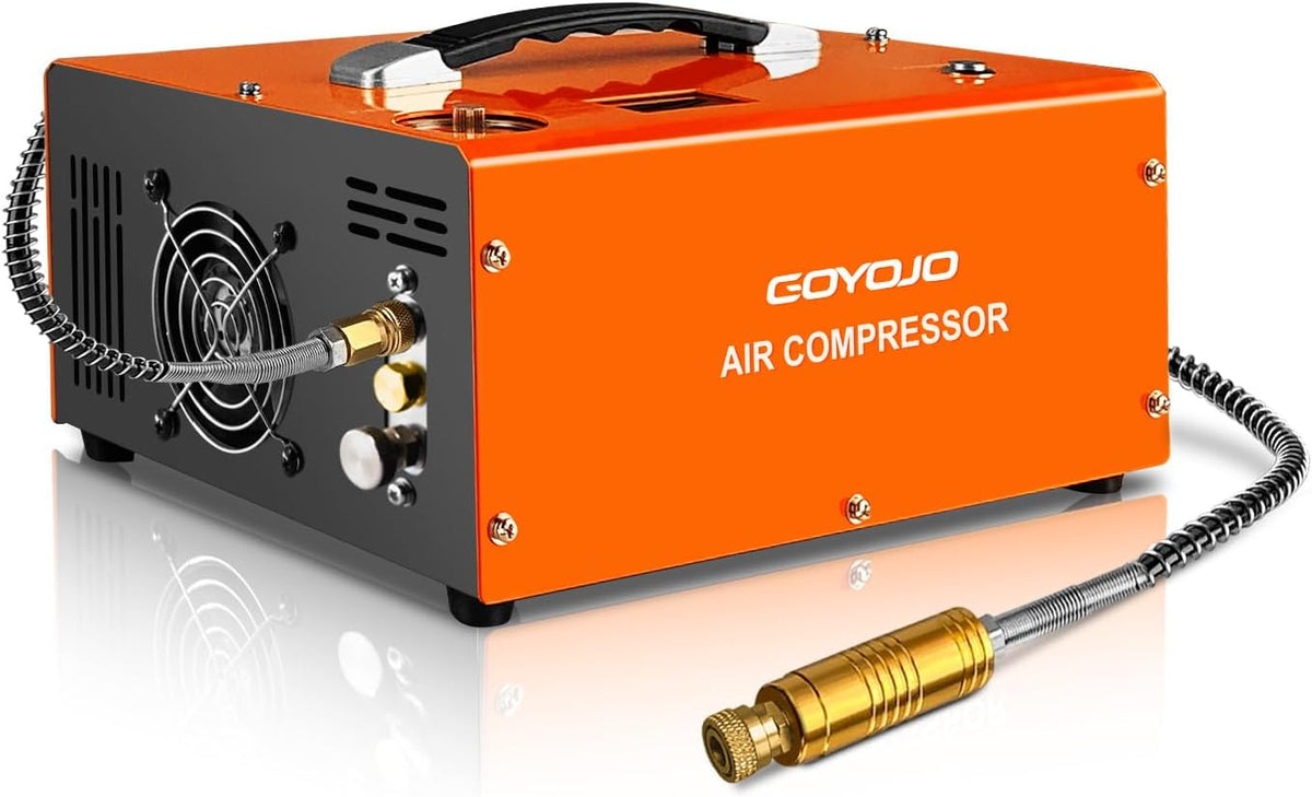 GOYOJO PCP Air Compressor, Max 4500 PSI / 300 Bar, Fast Fill for Airguns or Paintball Tank, Auto Shut-Off, Dual Power Car 12V DC or Home 120V AC, Built-in Cooling Fan, 300W Portable Pcp Pump