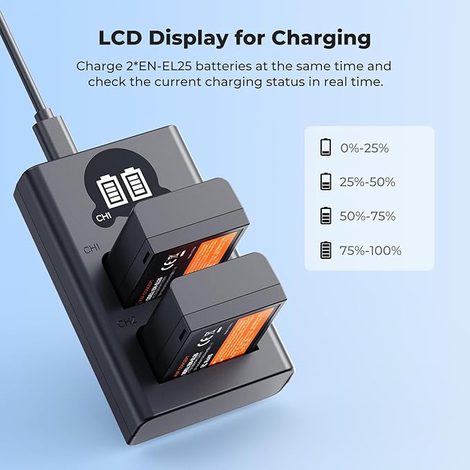 K&F CONCEPT 1600mAh EN-EL25 Battery 2-Pack EN-EL25A Battery and Dual LCD