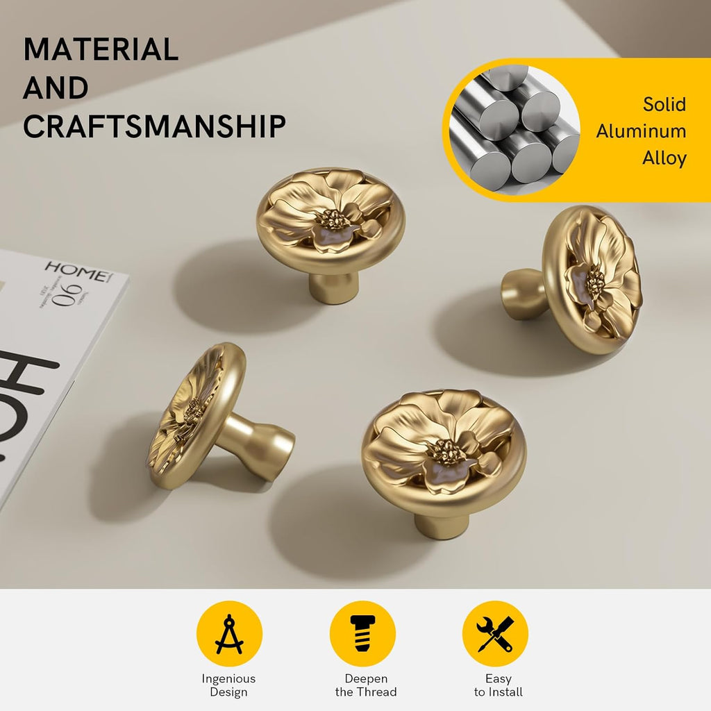 Rergy Cabinet Knobs for Drawer Dresser Closet Flower Shape 12 Pack, Solid Lemon Gold Drawer Knobs, Brushed Brass Zinc Alloy Cabinet Hardware for Cupboard Drawers Dressers