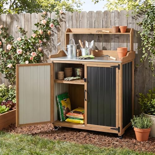 Outdoor Storage Cabinet with 4 Wheels and Handle, Metal & Wood Potting Bench Storage Cabinets with Waterproof Top, Removable Shelf, Potting Table & Workstation for Garden, Patio, Balcony, Garage