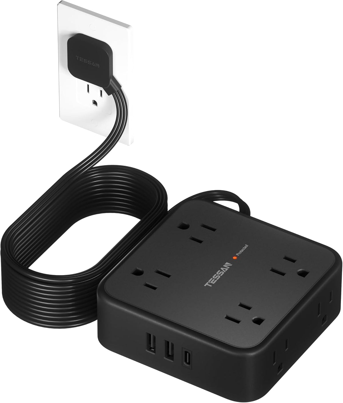 15 FT Extension Cord, TESSAN Ultra Thin Flat Plug Power Strip Surge Protector