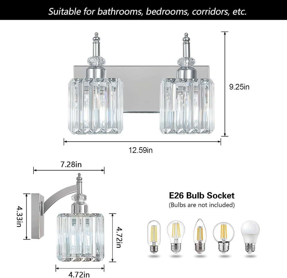Modern Bathroom Vanity Light 2-Light Chrome Crystal Light Fixtures Over Mirro...