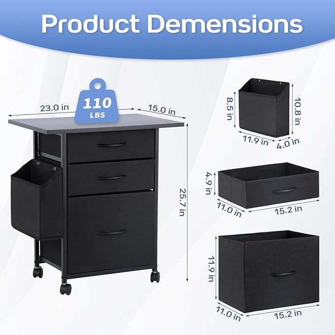 Printer Stand with 3 Fabric Drawer, Mobile File Cabinet