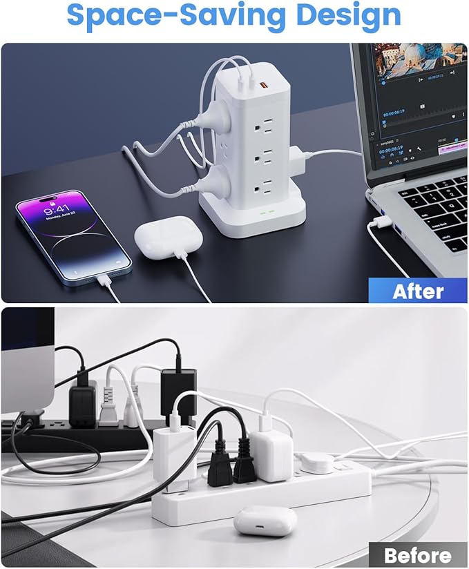 Power Strip Tower with Surge Protector 1800J, Fast Charging Tower PD20W USB-C
